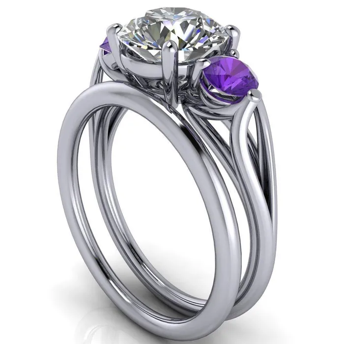 Fire Brilliance Rings Mira Round Center Stone Amethyst Side Split Shank Cathedral Hybrid Engagement Ring