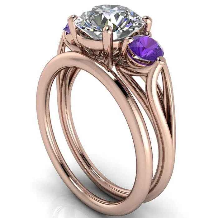 Fire Brilliance Rings Mira Round Center Stone Amethyst Side Split Shank Cathedral Hybrid Engagement Ring