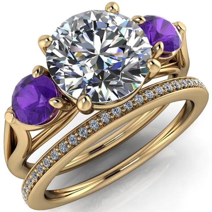 Fire Brilliance Rings Mira Round Center Stone Amethyst Side Split Shank Cathedral Hybrid Engagement Ring