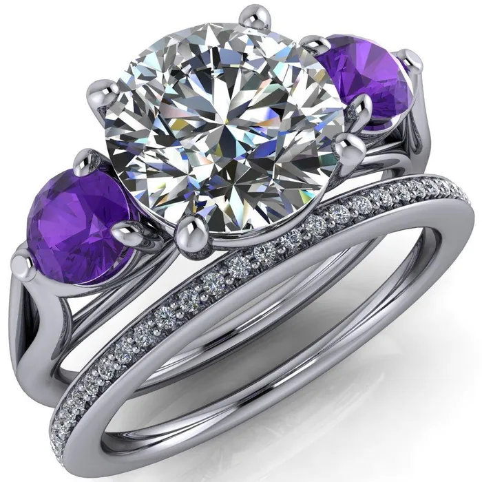 Fire Brilliance Rings Mira Round Center Stone Amethyst Side Split Shank Cathedral Hybrid Engagement Ring