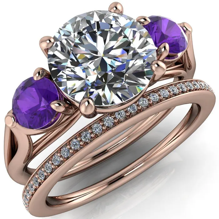 Fire Brilliance Rings Mira Round Center Stone Amethyst Side Split Shank Cathedral Hybrid Engagement Ring