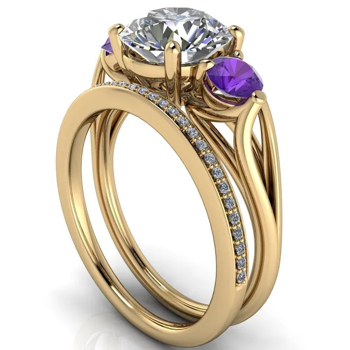 Fire Brilliance Rings Mira Round Center Stone Amethyst Side Split Shank Cathedral Hybrid Engagement Ring