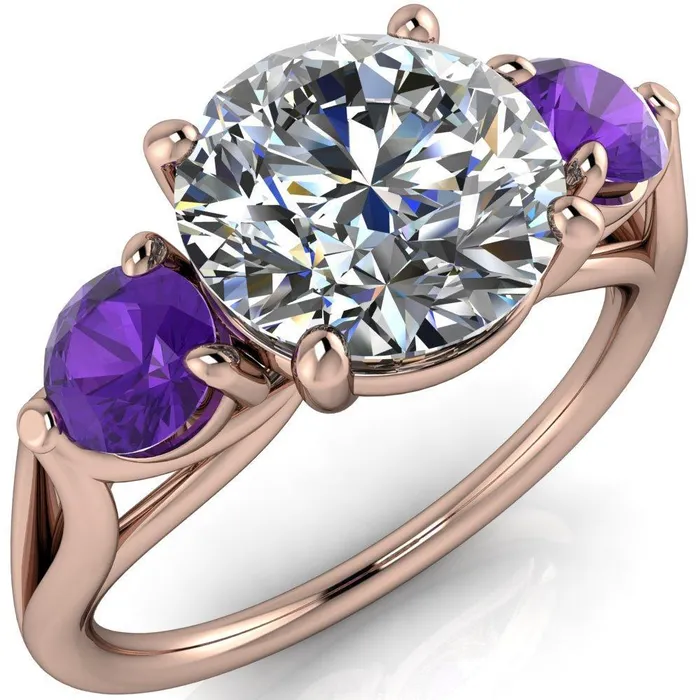 Fire Brilliance Rings Mira Round Center Stone Amethyst Side Split Shank Cathedral Hybrid Engagement Ring