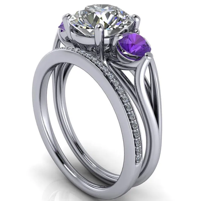 Fire Brilliance Rings Mira Round Center Stone Amethyst Side Split Shank Cathedral Hybrid Engagement Ring