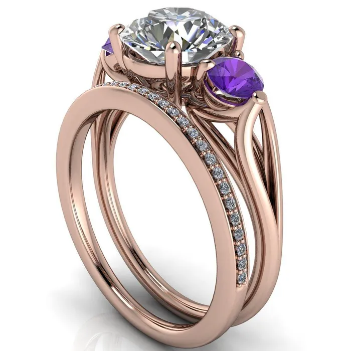 Fire Brilliance Rings Mira Round Center Stone Amethyst Side Split Shank Cathedral Hybrid Engagement Ring
