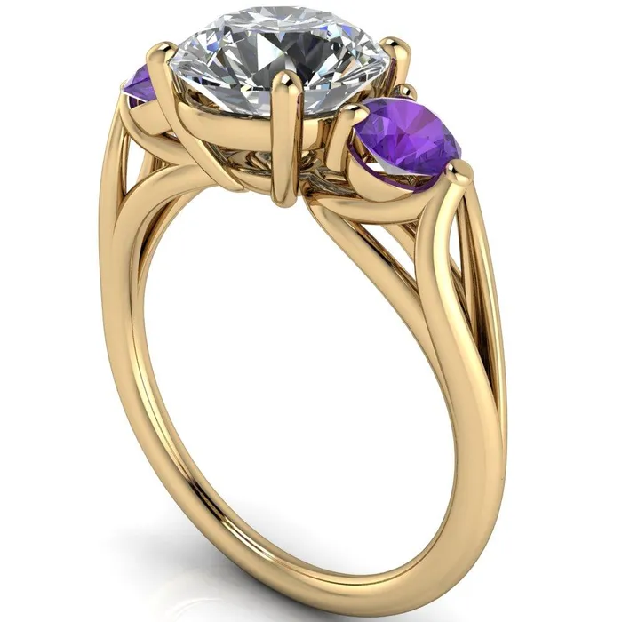 Fire Brilliance Rings Mira Round Center Stone Amethyst Side Split Shank Cathedral Hybrid Engagement Ring