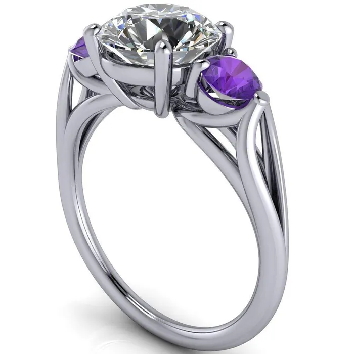 Fire Brilliance Rings Mira Round Center Stone Amethyst Side Split Shank Cathedral Hybrid Engagement Ring