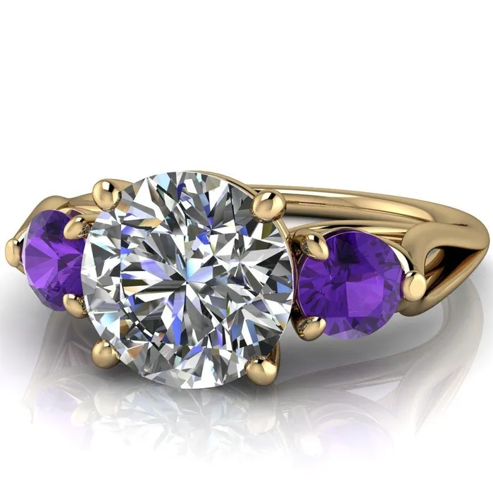 Fire Brilliance Rings Mira Round Center Stone Amethyst Side Split Shank Cathedral Hybrid Engagement Ring