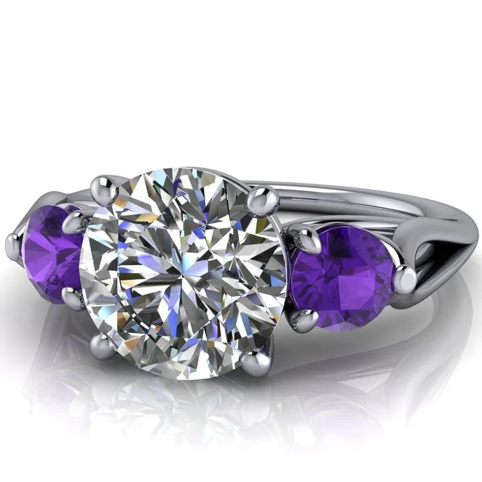 Fire Brilliance Rings Mira Round Center Stone Amethyst Side Split Shank Cathedral Hybrid Engagement Ring