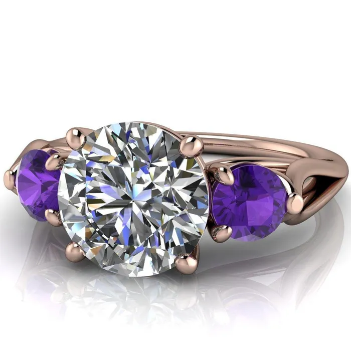 Fire Brilliance Rings Mira Round Center Stone Amethyst Side Split Shank Cathedral Hybrid Engagement Ring