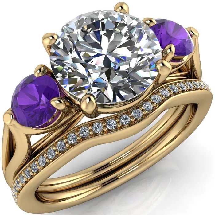 Fire Brilliance Rings Mira Round Center Stone Amethyst Side Split Shank Cathedral Hybrid Engagement Ring
