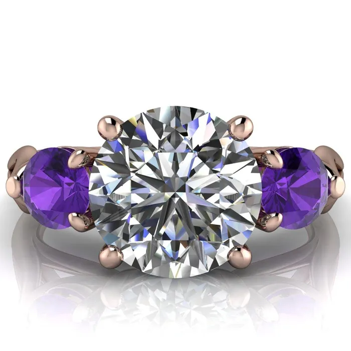 Fire Brilliance Rings Mira Round Center Stone Amethyst Side Split Shank Cathedral Hybrid Engagement Ring