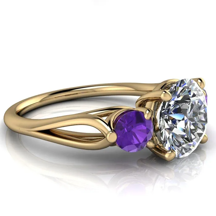 Fire Brilliance Rings Mira Round Center Stone Amethyst Side Split Shank Cathedral Hybrid Engagement Ring