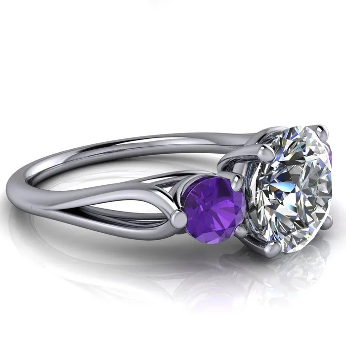 Fire Brilliance Rings Mira Round Center Stone Amethyst Side Split Shank Cathedral Hybrid Engagement Ring