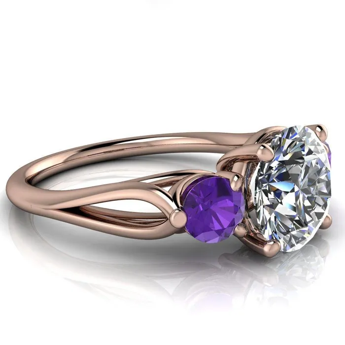 Fire Brilliance Rings Mira Round Center Stone Amethyst Side Split Shank Cathedral Hybrid Engagement Ring
