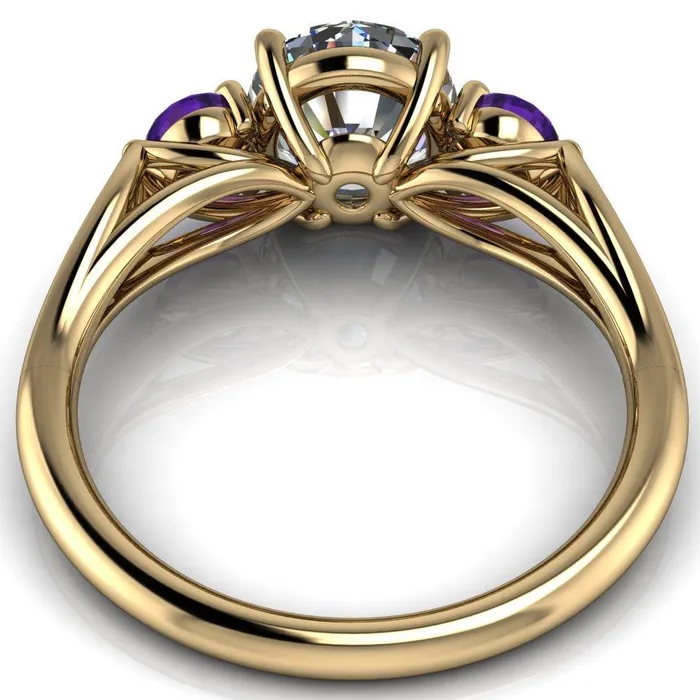 Fire Brilliance Rings Mira Round Center Stone Amethyst Side Split Shank Cathedral Hybrid Engagement Ring