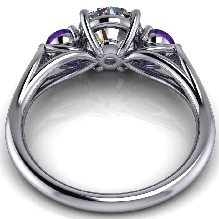 Fire Brilliance Rings Mira Round Center Stone Amethyst Side Split Shank Cathedral Hybrid Engagement Ring