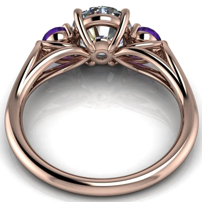 Fire Brilliance Rings Mira Round Center Stone Amethyst Side Split Shank Cathedral Hybrid Engagement Ring