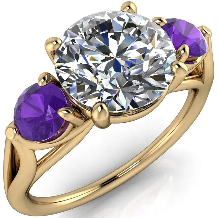 Fire Brilliance Rings Mira Round Center Stone Amethyst Side Split Shank Cathedral Hybrid Engagement Ring