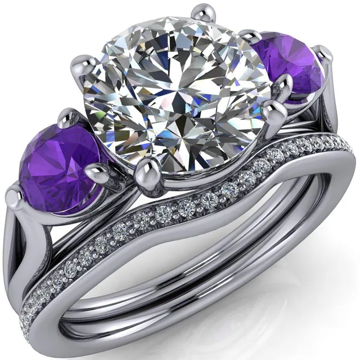 Fire Brilliance Rings Mira Round Center Stone Amethyst Side Split Shank Cathedral Hybrid Engagement Ring