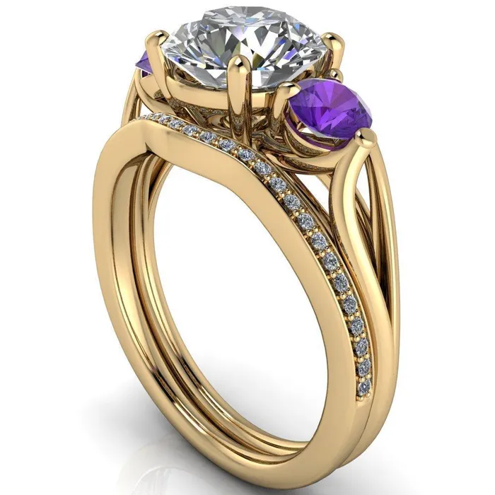 Fire Brilliance Rings Mira Round Center Stone Amethyst Side Split Shank Cathedral Hybrid Engagement Ring