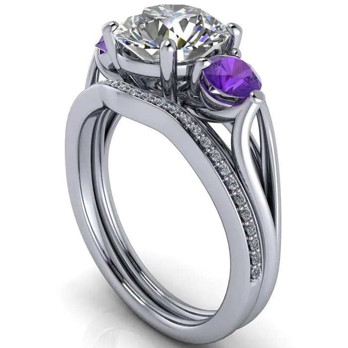 Fire Brilliance Rings Mira Round Center Stone Amethyst Side Split Shank Cathedral Hybrid Engagement Ring