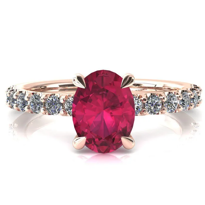 Fire Brilliance Rings Mylene Oval Ruby 4 Prong Sculptural Half Eternity Diamond Engagement Ring