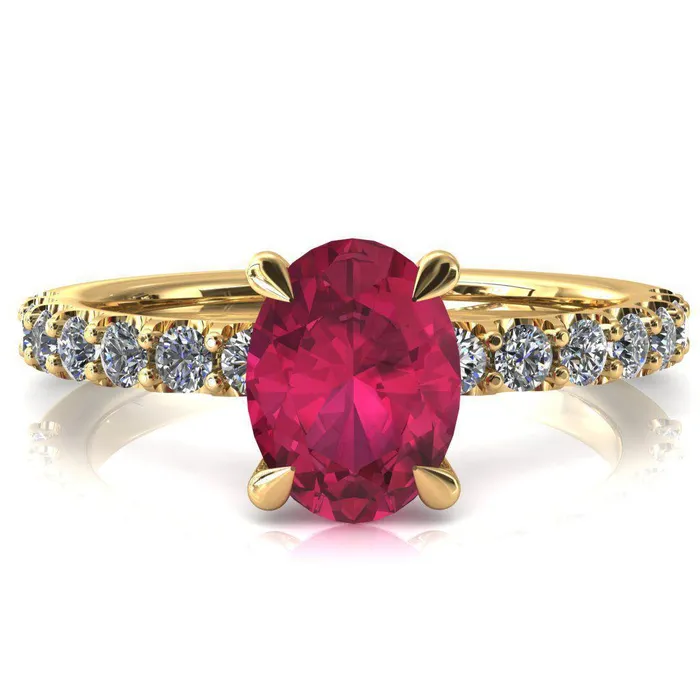 Fire Brilliance Rings Mylene Oval Ruby 4 Prong Sculptural Half Eternity Diamond Engagement Ring