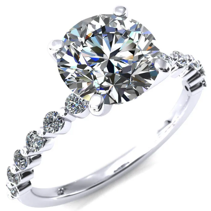 Fire Brilliance Rings Niamh Round Center Stone 4 VProng 12 Shared Single Prong Shank Engagement Ring