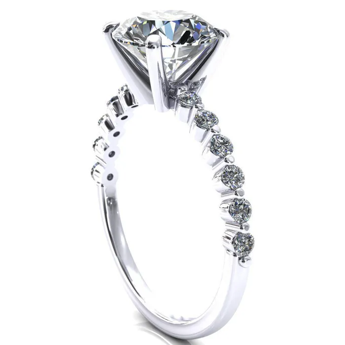 Fire Brilliance Rings Niamh Round Center Stone 4 VProng 12 Shared Single Prong Shank Engagement Ring