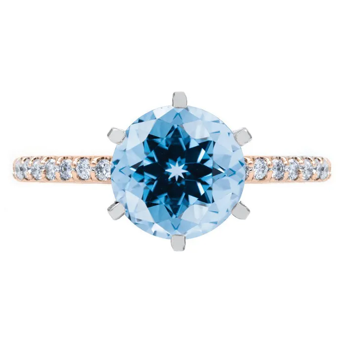 Fire Brilliance Rings Round Aqua Blue Spinel 6 Prongs Diamond Accent Ice Cathedral Solitaire Ring