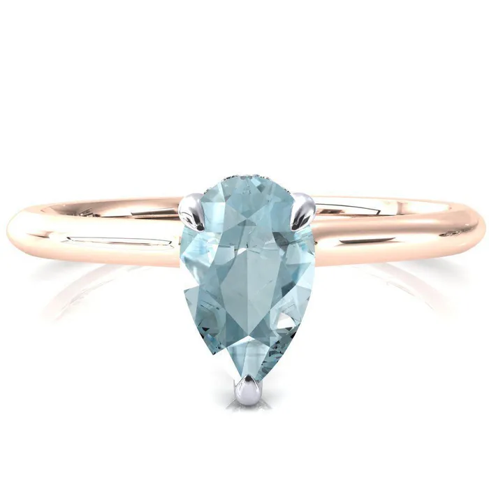 Fire Brilliance Rings Secret Pear Aqua Blue Spinel 3 Prong Floating Halo Engagement Ring