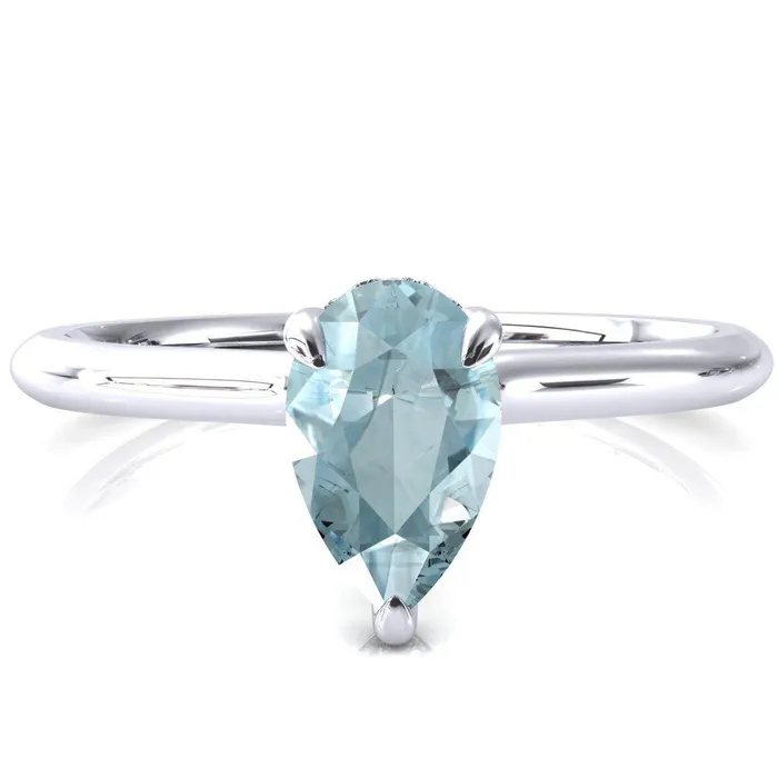 Fire Brilliance Rings Secret Pear Aqua Blue Spinel 3 Prong Floating Halo Engagement Ring