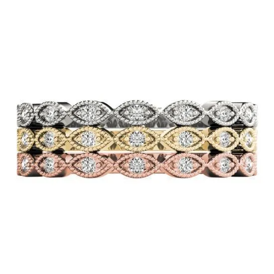 Fire Brilliance Rings Stackables 12 Eternity TriTone Gold Petite Marquise Milgrain Set 3Band Set Selectables Fire Brilliance Rings Stackables 12 Eternity TriTone Gold Petite Marquise Milgrain Set 3Band Set Selectables