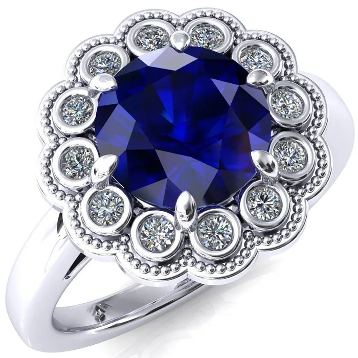 Fire Brilliance Rings Zinnia Round Blue Sapphire 6 Prong Milgrain Diamond Halo Cathedral Engagement Ring Fire Brilliance Rings Zinnia Round Blue Sapphire 6 Prong Milgrain Diamond Halo Cathedral Engagement Ring