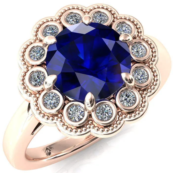 Fire Brilliance Rings Zinnia Round Blue Sapphire 6 Prong Milgrain Diamond Halo Cathedral Engagement Ring