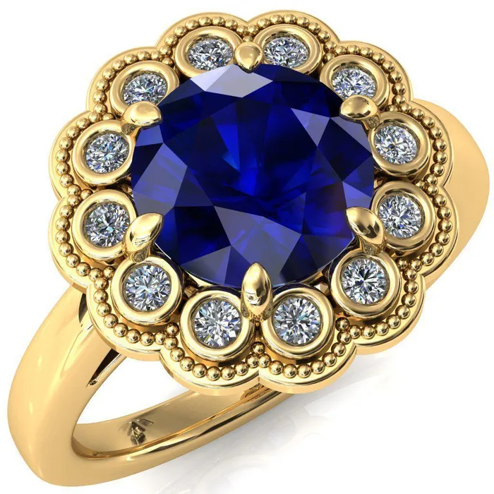 Fire Brilliance Rings Zinnia Round Blue Sapphire 6 Prong Milgrain Diamond Halo Cathedral Engagement Ring