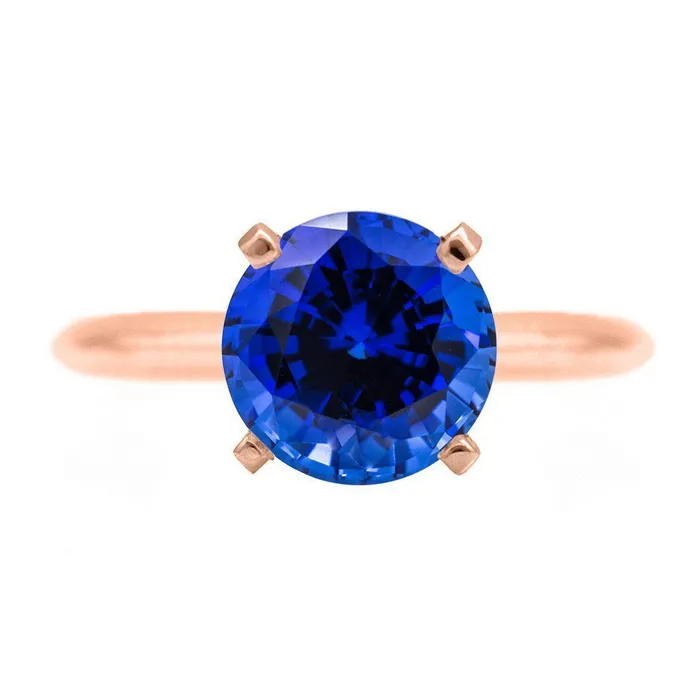 Fire Brilliance Round Blue Sapphire 14K Rose Gold 4 Prongs Solitaire Ring Rings