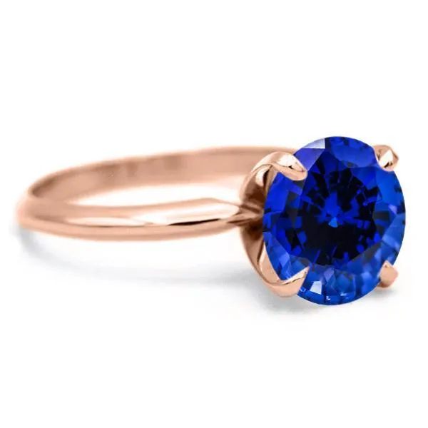 Fire Brilliance Round Blue Sapphire 14K Rose Gold 4 Prongs Solitaire Ring Rings