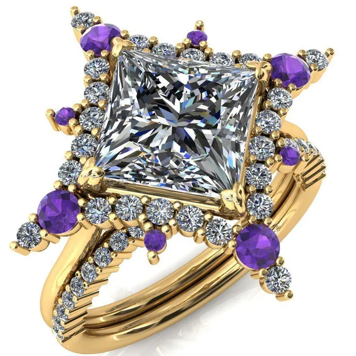 Fire Brilliance Thalim PrincessSquare Moissanite 4Point Star Amethyst and Diamond Halo Ring Rings Fire Brilliance Thalim PrincessSquare Moissanite 4Point Star Amethyst and Diamond Halo Ring Rings