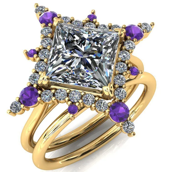 Fire Brilliance Thalim PrincessSquare Moissanite 4Point Star Amethyst and Diamond Halo Ring Rings