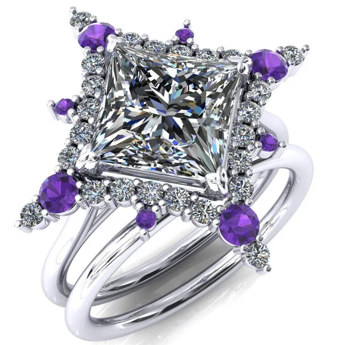 Fire Brilliance Thalim PrincessSquare Moissanite 4Point Star Amethyst and Diamond Halo Ring Rings