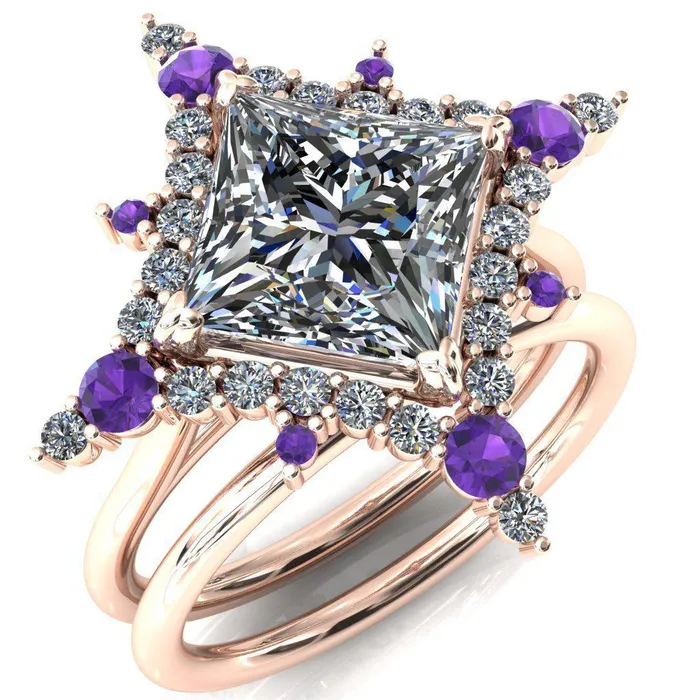 Fire Brilliance Thalim PrincessSquare Moissanite 4Point Star Amethyst and Diamond Halo Ring Rings