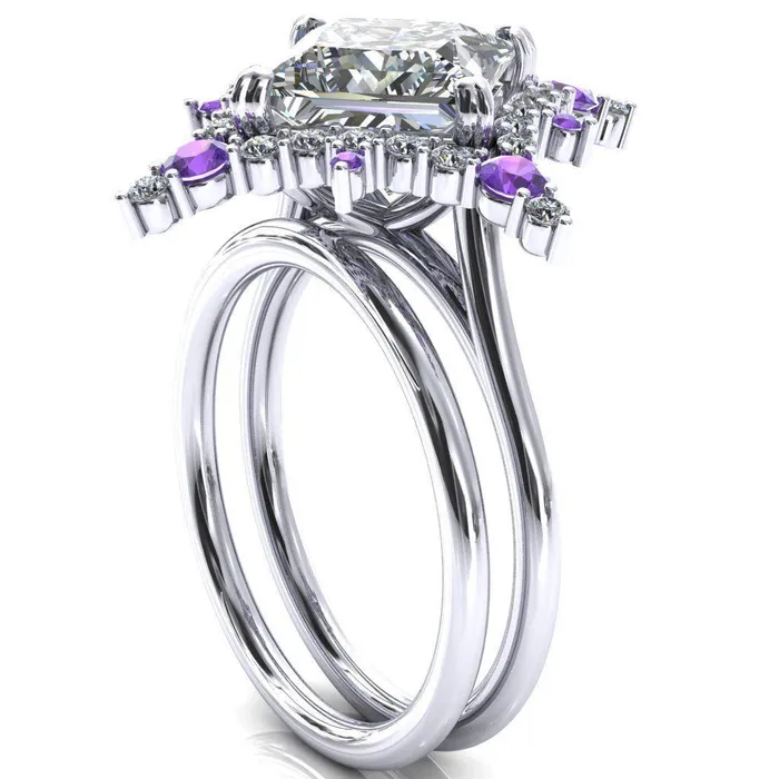 Fire Brilliance Thalim PrincessSquare Moissanite 4Point Star Amethyst and Diamond Halo Ring Rings