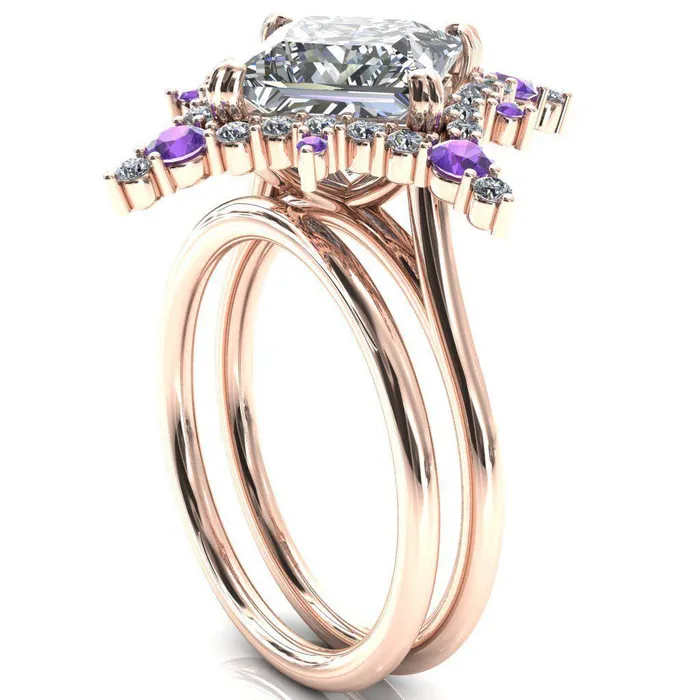 Fire Brilliance Thalim PrincessSquare Moissanite 4Point Star Amethyst and Diamond Halo Ring Rings