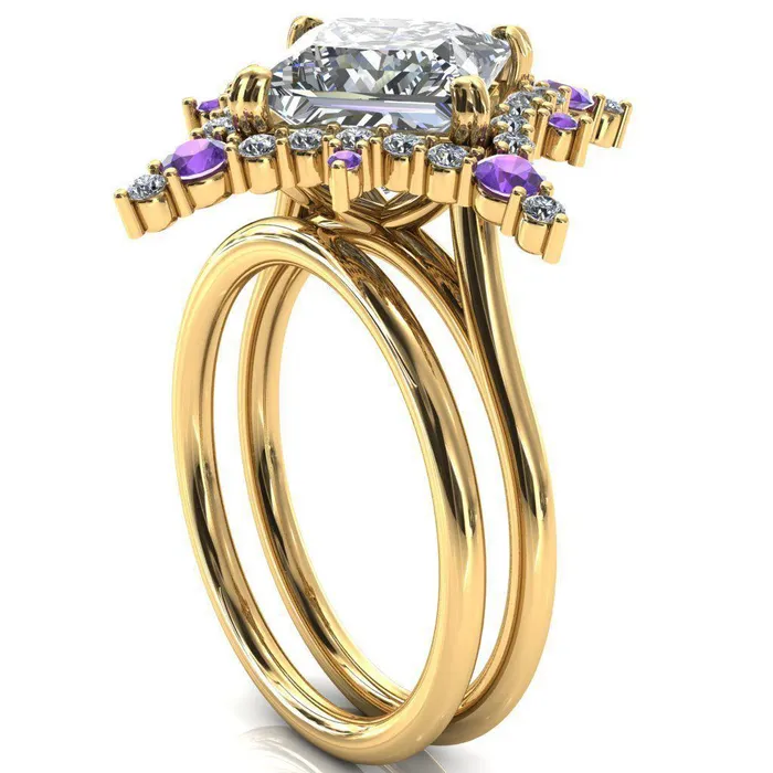 Fire Brilliance Thalim PrincessSquare Moissanite 4Point Star Amethyst and Diamond Halo Ring Rings