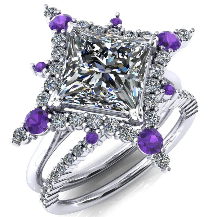 Fire Brilliance Thalim PrincessSquare Moissanite 4Point Star Amethyst and Diamond Halo Ring Rings