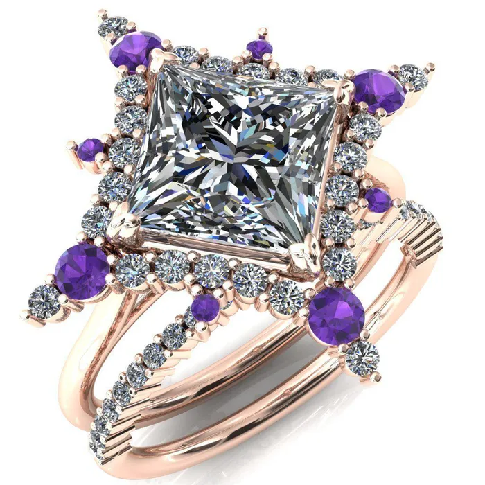 Fire Brilliance Thalim PrincessSquare Moissanite 4Point Star Amethyst and Diamond Halo Ring Rings