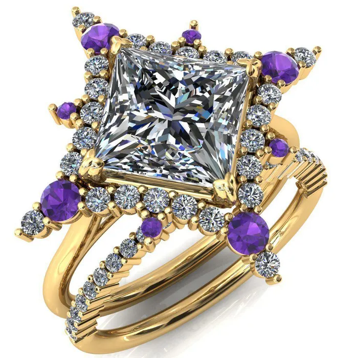 Fire Brilliance Thalim PrincessSquare Moissanite 4Point Star Amethyst and Diamond Halo Ring Rings