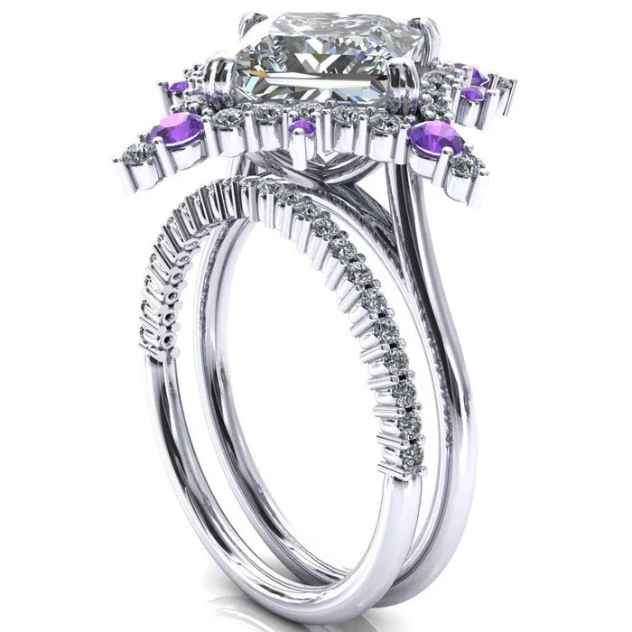 Fire Brilliance Thalim PrincessSquare Moissanite 4Point Star Amethyst and Diamond Halo Ring Rings